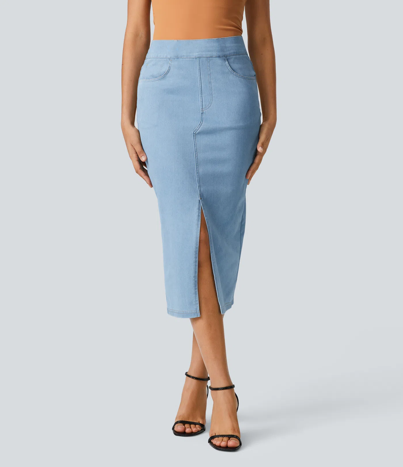 Noodlab Flex™ Yüksek Bel Denim Midi Etek
