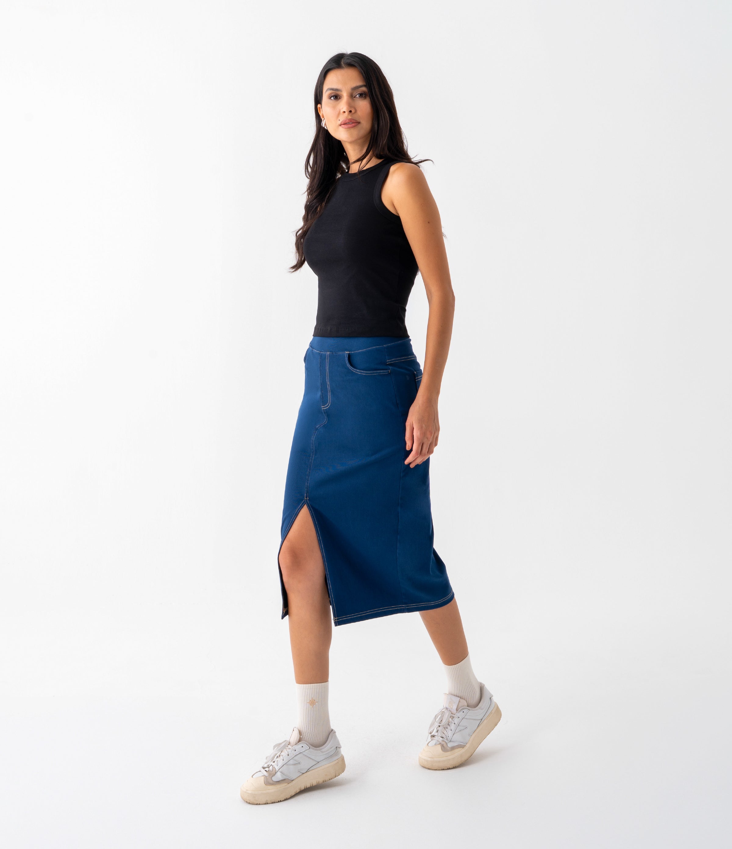 Noodlab Flex™ Yüksek Bel Denim Midi Etek