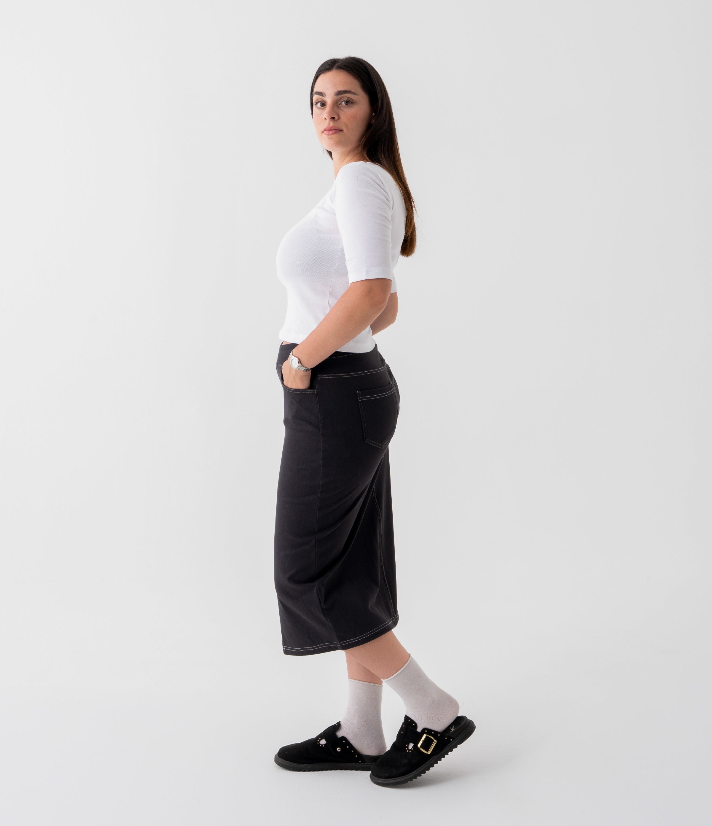 Noodlab Flex™ Yüksek Bel Denim Midi Etek