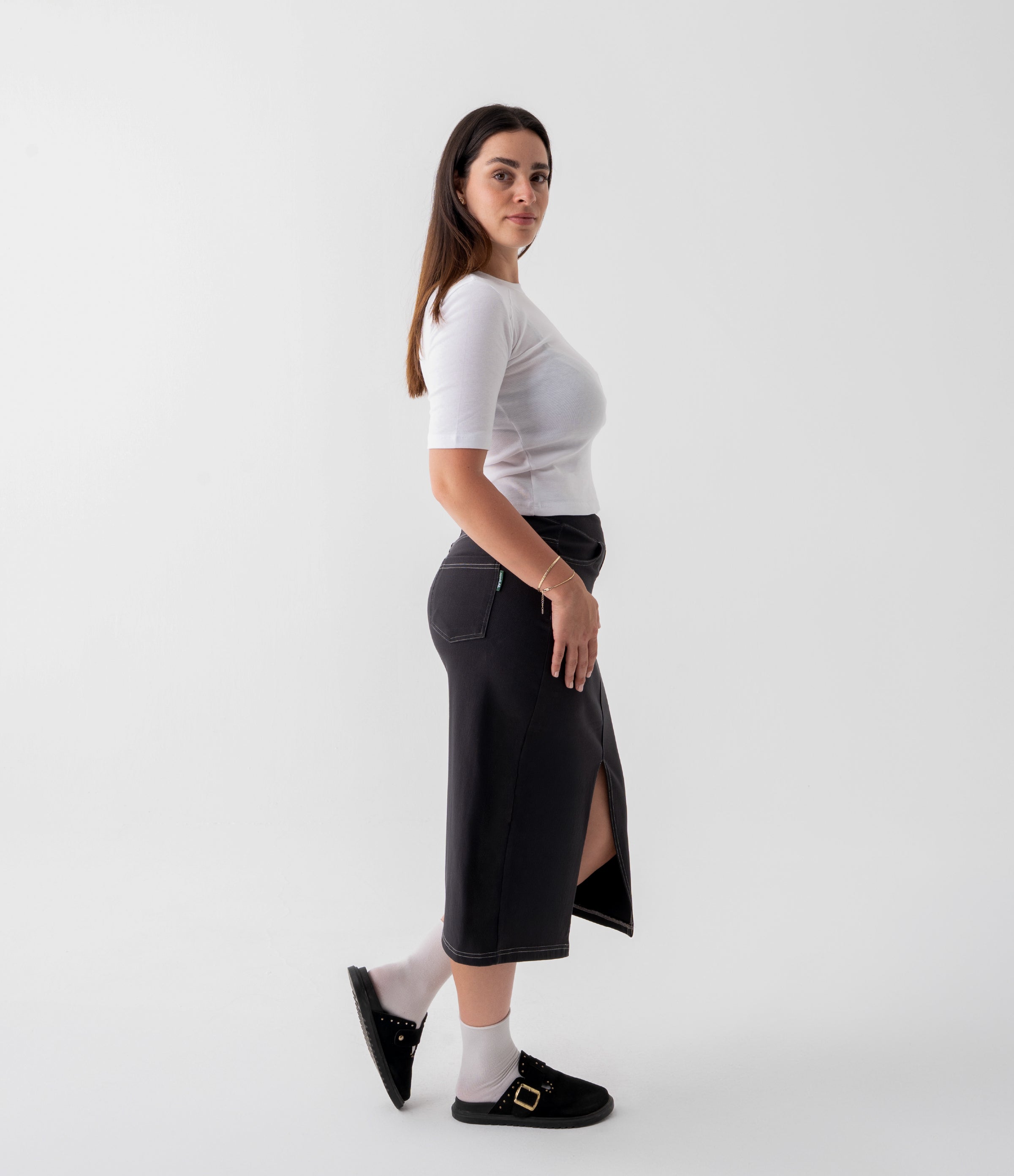 Noodlab Flex™ Yüksek Bel Denim Midi Etek