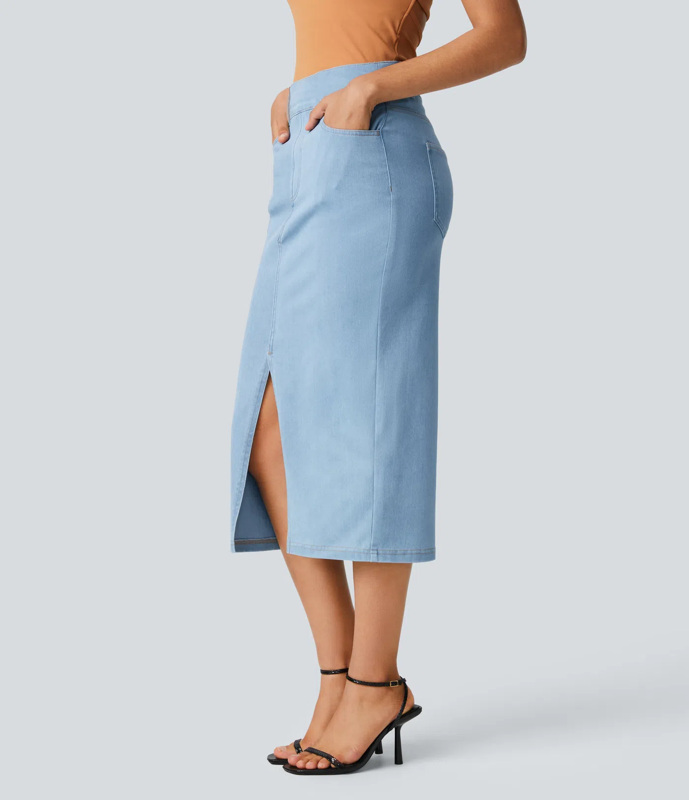 Noodlab Flex™ Yüksek Bel Denim Midi Etek