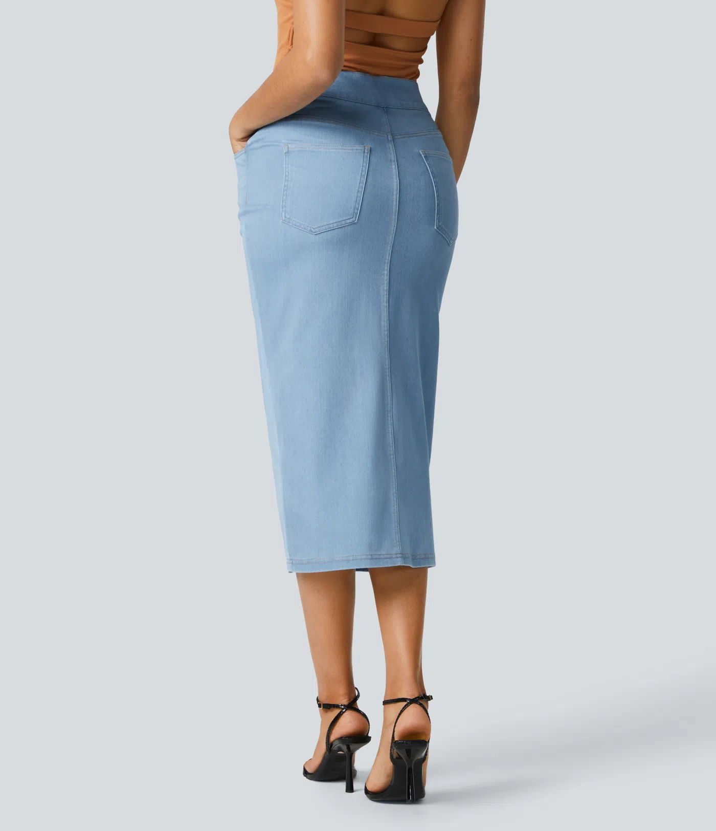 Noodlab Flex™ Yüksek Bel Denim Midi Etek