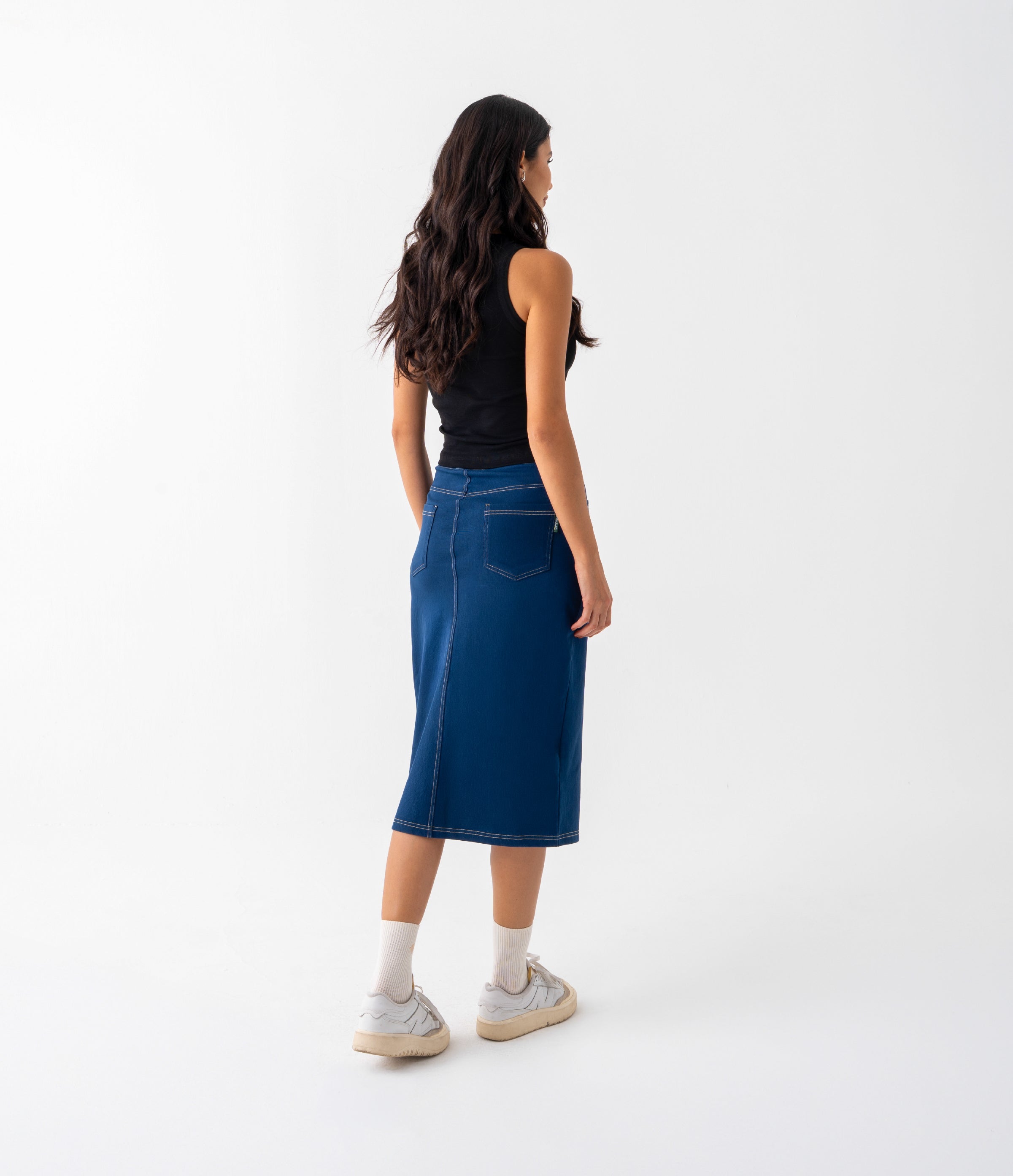 Noodlab Flex™ Yüksek Bel Denim Midi Etek