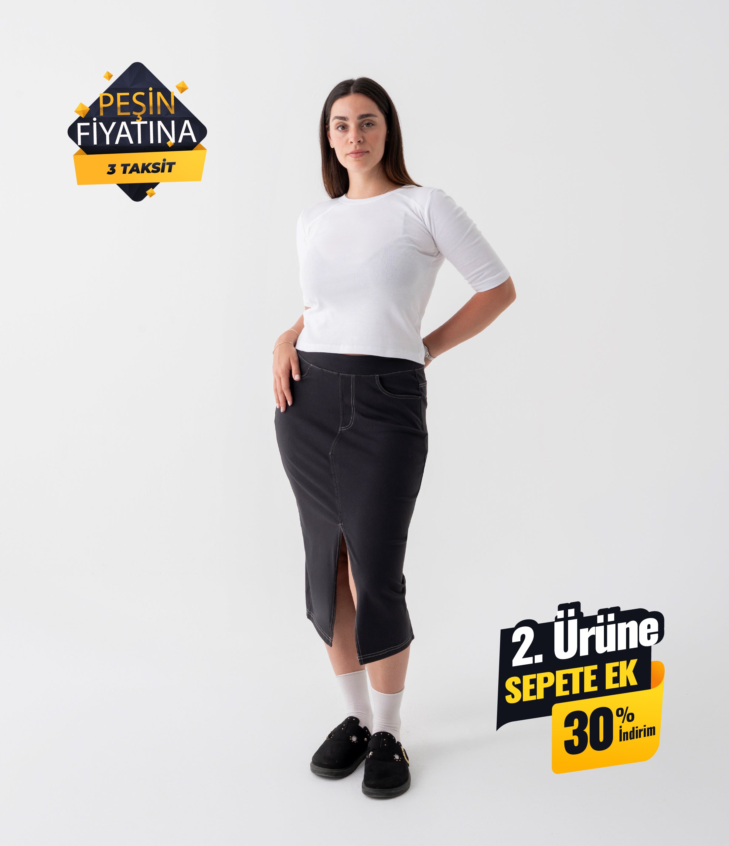 Noodlab Flex™ Yüksek Bel Denim Midi Etek