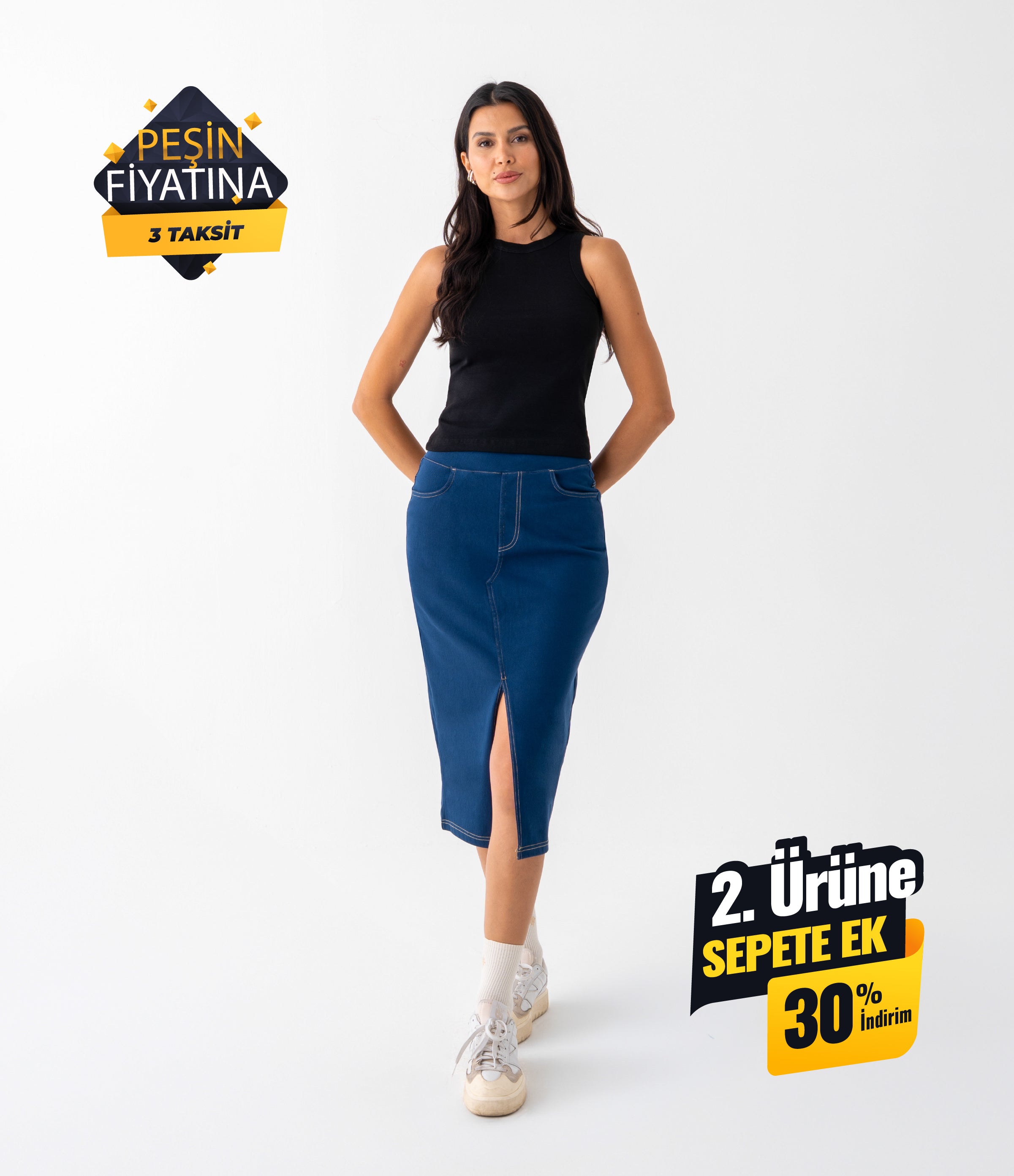 Noodlab Flex™ Yüksek Bel Denim Midi Etek