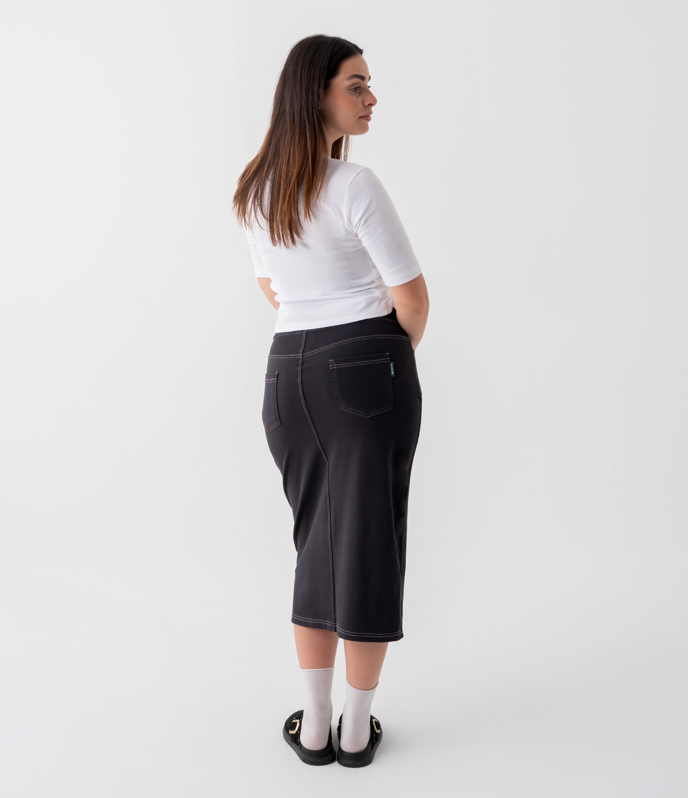Noodlab Flex™ Yüksek Bel Denim Midi Etek