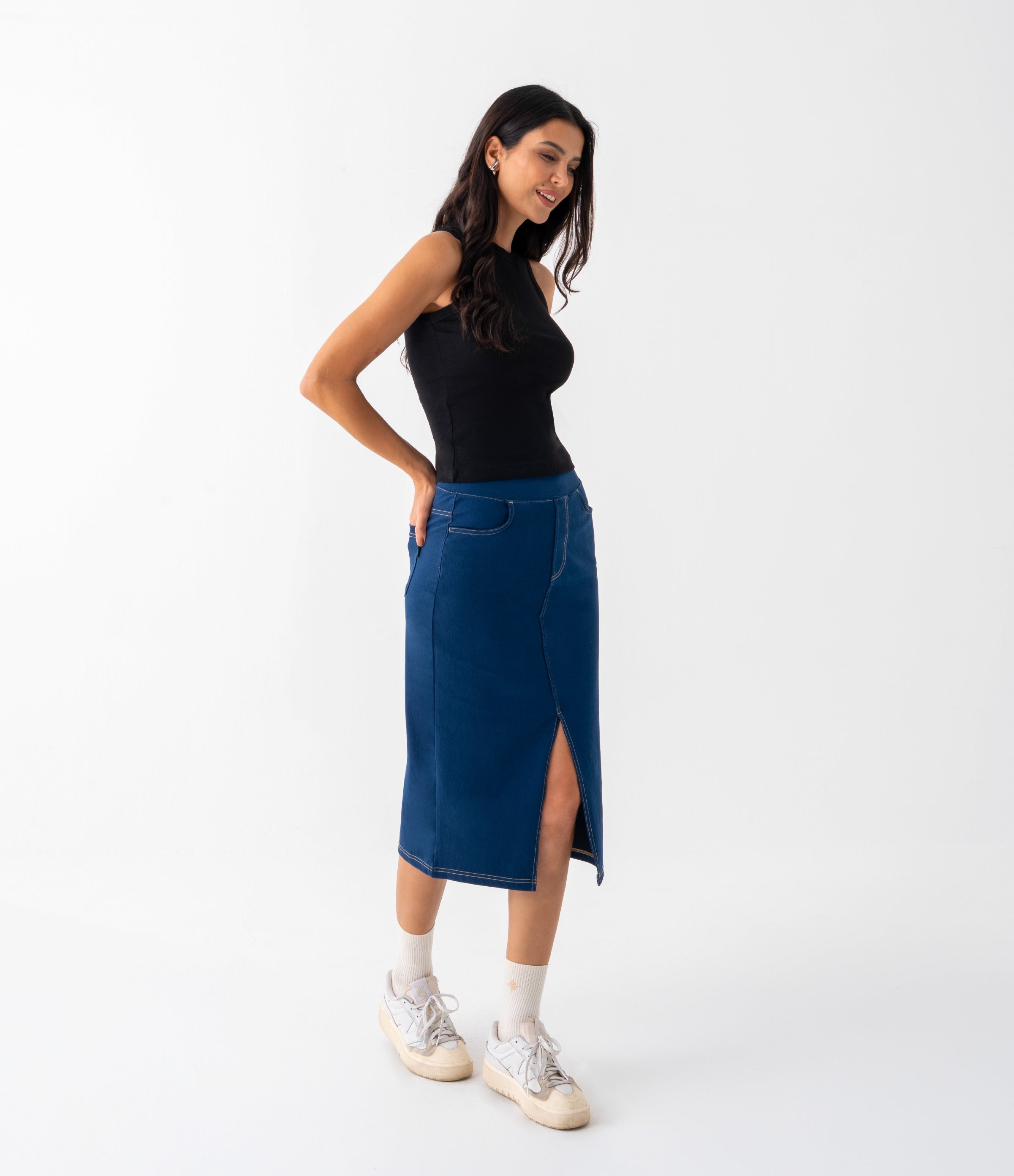 Noodlab Flex™ Yüksek Bel Denim Midi Etek