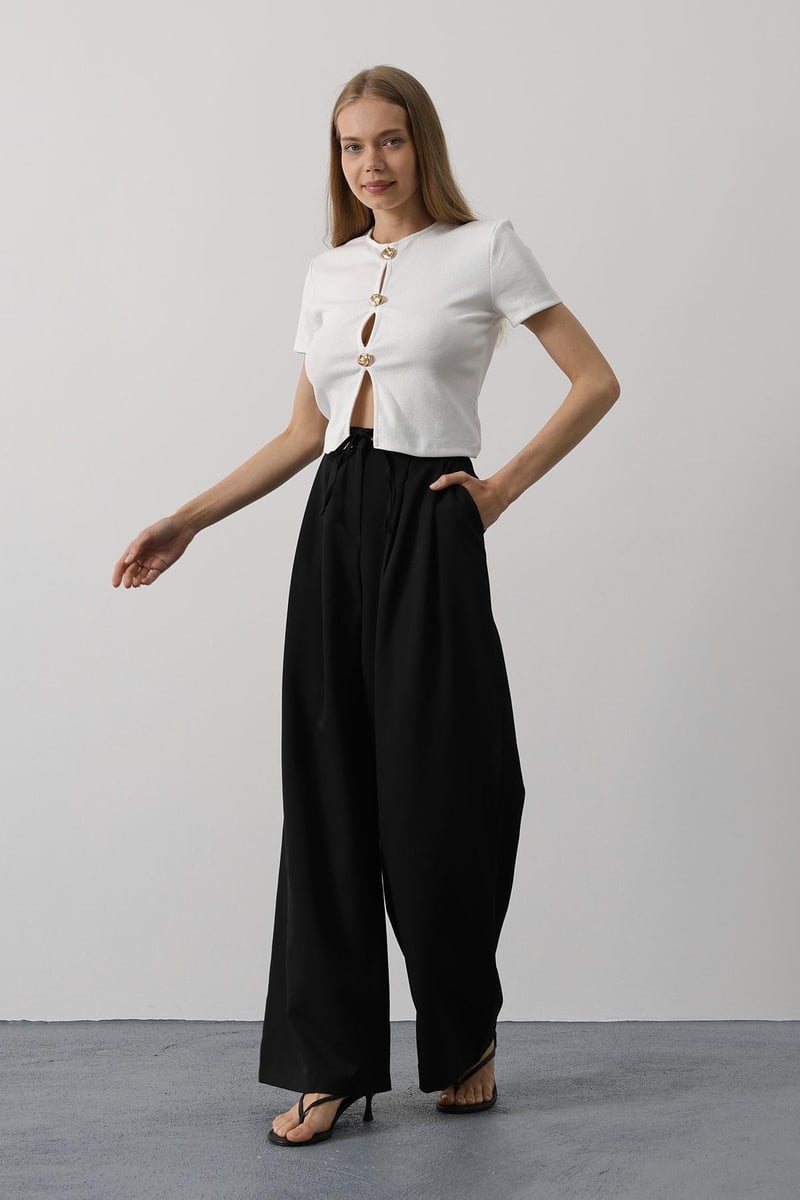 Pileli Bağcıklı Oversize Pantolon